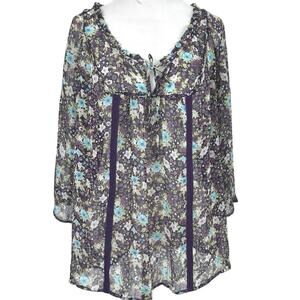 Decree Sheer Floral Boho Peasant Blouse Purple Blue Top Romantic Fairy Size L